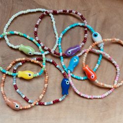 Mystery Glass Fish Seed Bead Stretch Bracelet Cute Gift Friendship Beach Jewelry