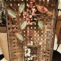 Tobacco Basket, Framed with Galvanized Metal Strip with Metal Bird, Birdcage and Flowers, Wall Art