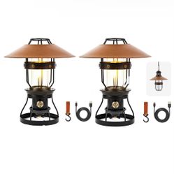 Set of 2 Metal LED Retro Camping Lanterns, 2-in-1 Hanging/Standing, Dimmable, Rechargeable