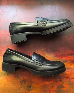 Black Faux Leather Lug Sole Loafers