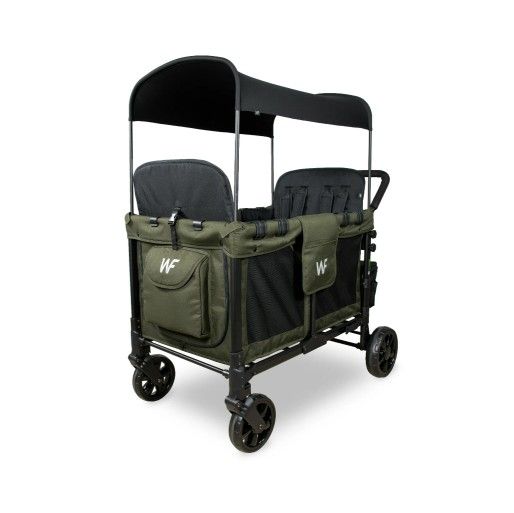 WONDERFOLD W4 4 Seater Multi-Function Quad Stroller Wagon with Removable Raised Seats & Slidable Canopy (Olive Green)
