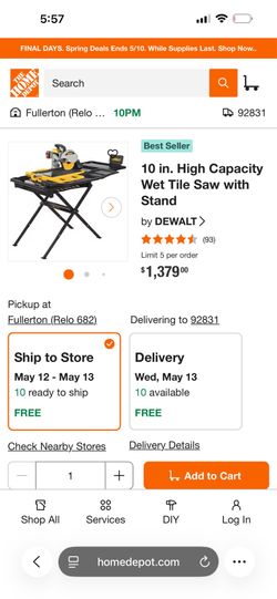 DeWalt tile saw withstand
