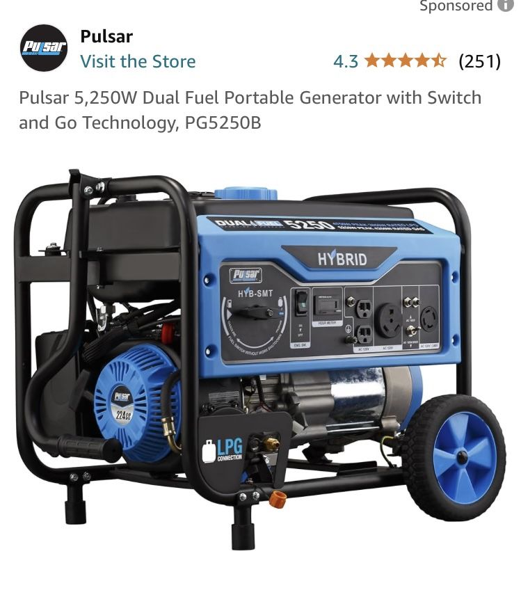 Pulsar 5,250W Hybrid Dual Fuel Portable Generator With Switch And Go Technology. 