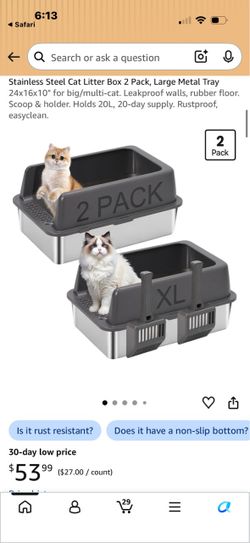 Stainless Steel Cat Litter Box 2 Pack, Large Metal Tray 24x16x10" for big/multi-cat. Leakproof walls, rubber floor. Scoop & holder. Holds 20L, 20-day 