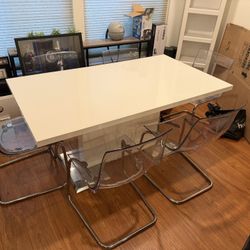 Anges Glossy White Dining Table + 6 IKEA TOBIAS Translucent Chairs