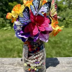 Colorful Floral Butterfly Glass Jar Filled with Mystery Costume/Fashion Jewelry