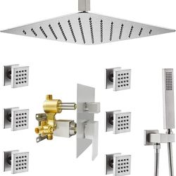 Multi Shower Head System,Ceiling System with Body Jets,16 inch Square Rainfall Head,Handheld Shower,3 Functions Pressure Balance Rough-in Valve(Brushe