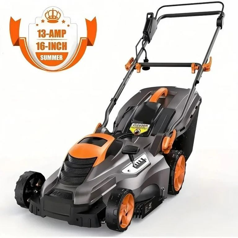 DOVAMAN 13 Amp Electric Lawn Mower, 16-Inch Cutting Width, 5 Adjustable Mowing Heights, 3-Step Foldable Handle, and Collection Bag with Full Indicator