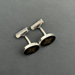 Louis Vuitton Authentic Damier Cufflinks Black Gold Color Silver925 Round Pouch