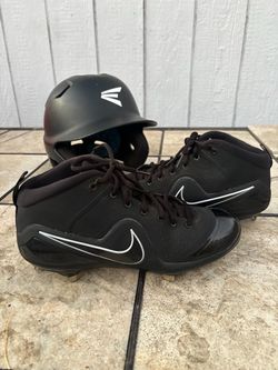 Baseball Gear Bundle – Nike Force Zoom Trout 4 “Black” Cleats (Men’s Size 9) + Easton Matte Black Solid Batting Helmet + FREE Bat