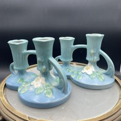 Vintage Roseville Pottery White Rose Double Candle Holders Model 1143 6” By 4.5”