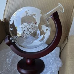 Large 50 Oz 'Ship' Handmade Whiskey Liquor Etched Globe Decanter Set with Wooden Stand, 2 Globe Glasses and Bar Funnel

