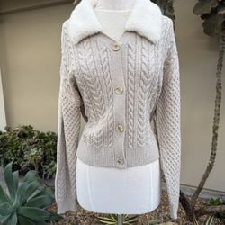 NVLT Cable Knit Cardigan With Faux Fur Collar NEW WITH TAGS
