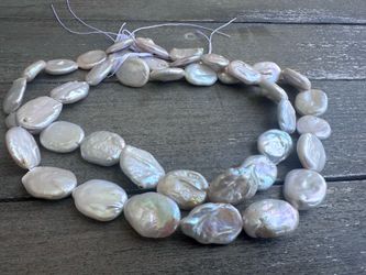 Large 14–17mm Natural White Coin Freshwater Pearls Strand DIY Beads 15.5” Mixed Grade