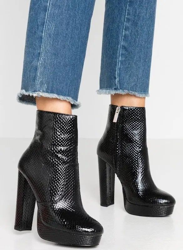 Black Faux Snakeskin Patent Leather Heel Boots