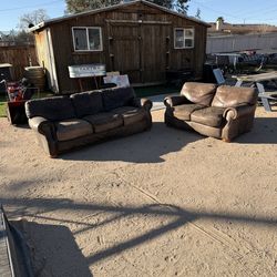 Brown Leather Sofa and Loveseat Set - Strongly Used - Lots of Life