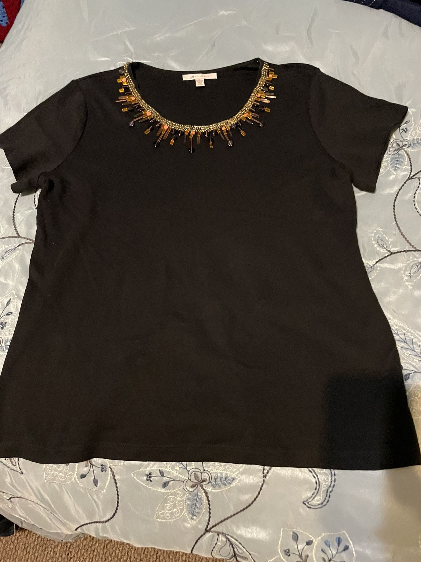 Ladies Black Beaded Top Shirt JM Collection Size L Large