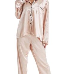 Champagne L size Women's Fashion Satin Women's Pajama Set, Button Top, and Pants Top with Pockets, Cool and Smooth