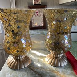 PartyLite Gold Mosaic Hurricane Vases (2)