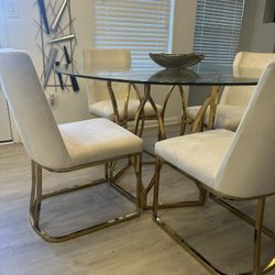 Glass & Gold Round Dining Table Set W/chairs