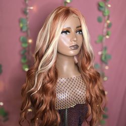 26" lace front 13x4 synthetic hair wig  auburn   ginger blonde highlights