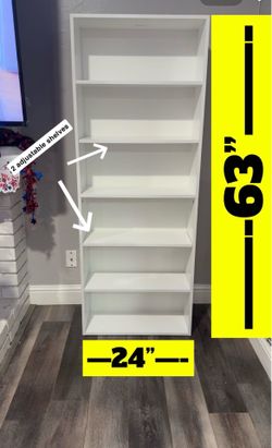 White 6-Shelf Bookcase. Clovis. Ashlan & Fowler. FCFS.