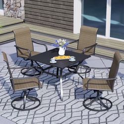5-Piece Outdoor Dining Set, 35'' Square Table with 4 Swivel Chairs, All Weather Frame Furniture Set - Brown Style2