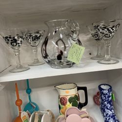 Blown Glass Pitcher With 5 Glasses