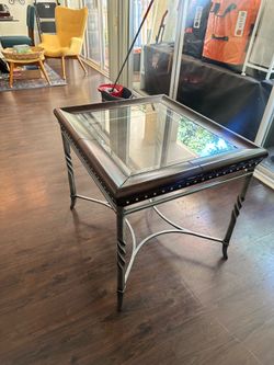 Designer Glass Top End Table with Leather & Metal Base