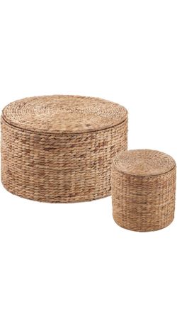 SEI Furniture - Satalia Round Water Hyacinth Storage Tables - 2 Piece Set - Bohemian Design, Natural Rattan - Ideal for Living Room, Bedroom