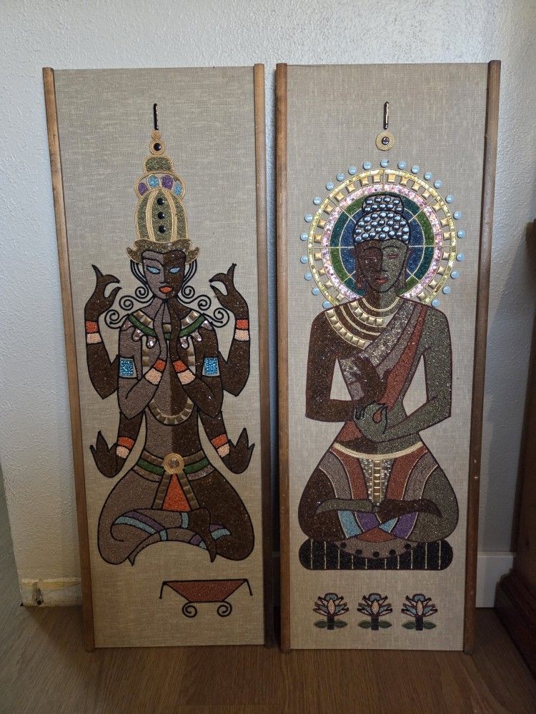Vintage MCM Buddha & Shiva Gravel Pebble Jewel Textured Art Wall Hanging Decor