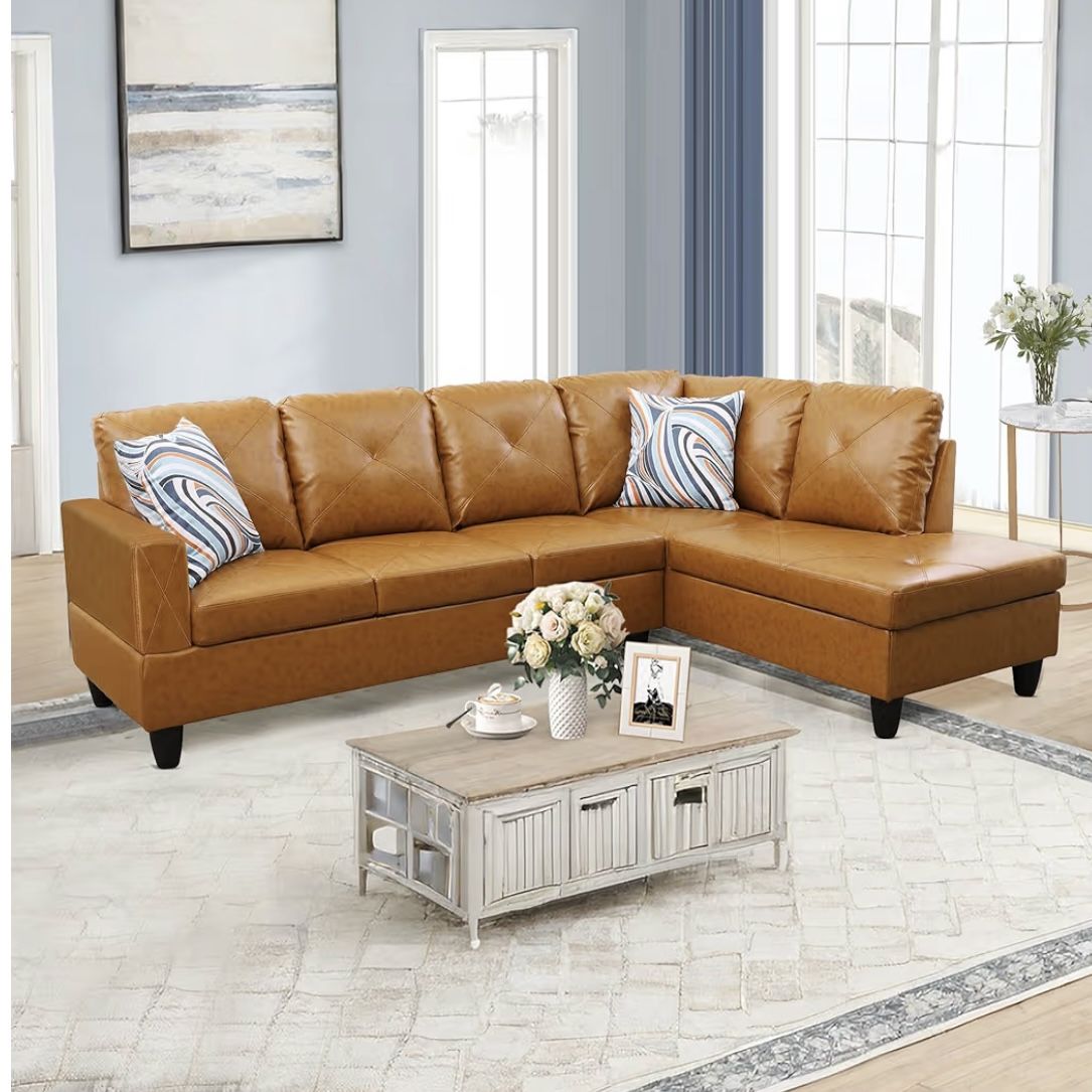New Light Brown Leather Sectional Sofa / Couch with Chaise (Can Deliver) 