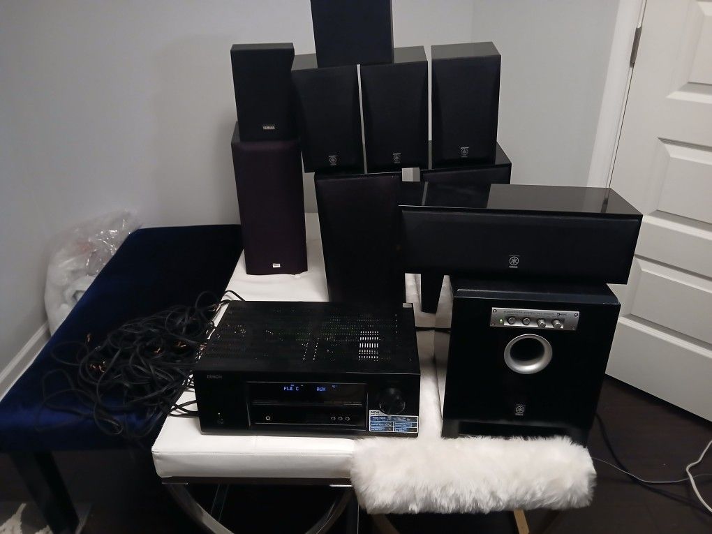 Denon AVR-1913  7.1-channel AV receiver with remote, subwoofer, multiple speakers and speaker wires