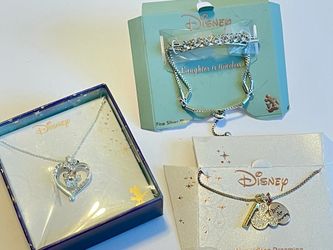 DISNEY SILVER PLATED JEWELRY SET MICKEY MOUSE CHARM PENDANT NECKLACE BRACELET RHINESTONE