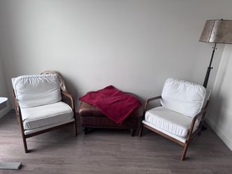 Pair of Mid-Century Wood Frame Accent Chairs and Leather Ottoman