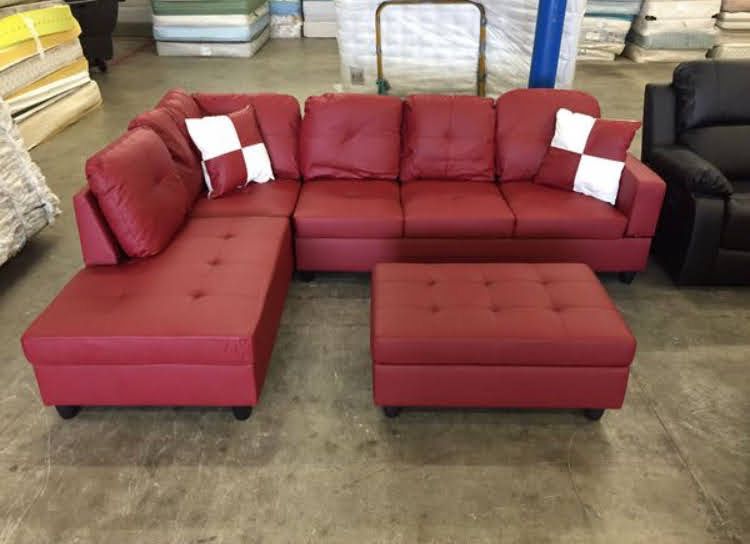 New Red Leather Sectional Sofa Couch With Storage Ottoman And Pillows New In Packaging 