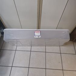 Sterilite White Lid Storage Container 44 inches long. 19.5 inches wide and  6 inches tall 

