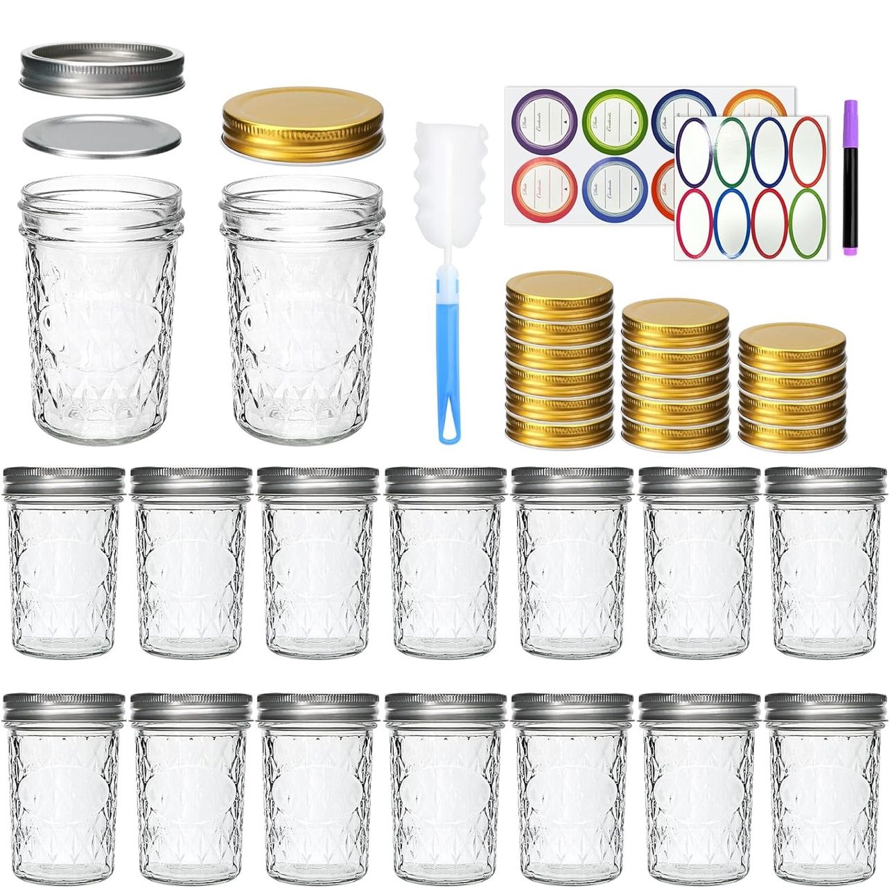 8 oz Mason Jars, Canning Jars,Jam Jars forJelly,Honey, Wedding Favors, Food Storage,Kitchen & DIY Gifts, with Lables,Sponge Brush,Pen,Set of 16