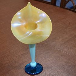 Vintage Art Glass Vase 15" Iridescent Blue & Yellow Signed Rick Strini 
'97. Pre-owned, perfect shape, no chips or cracks, display item