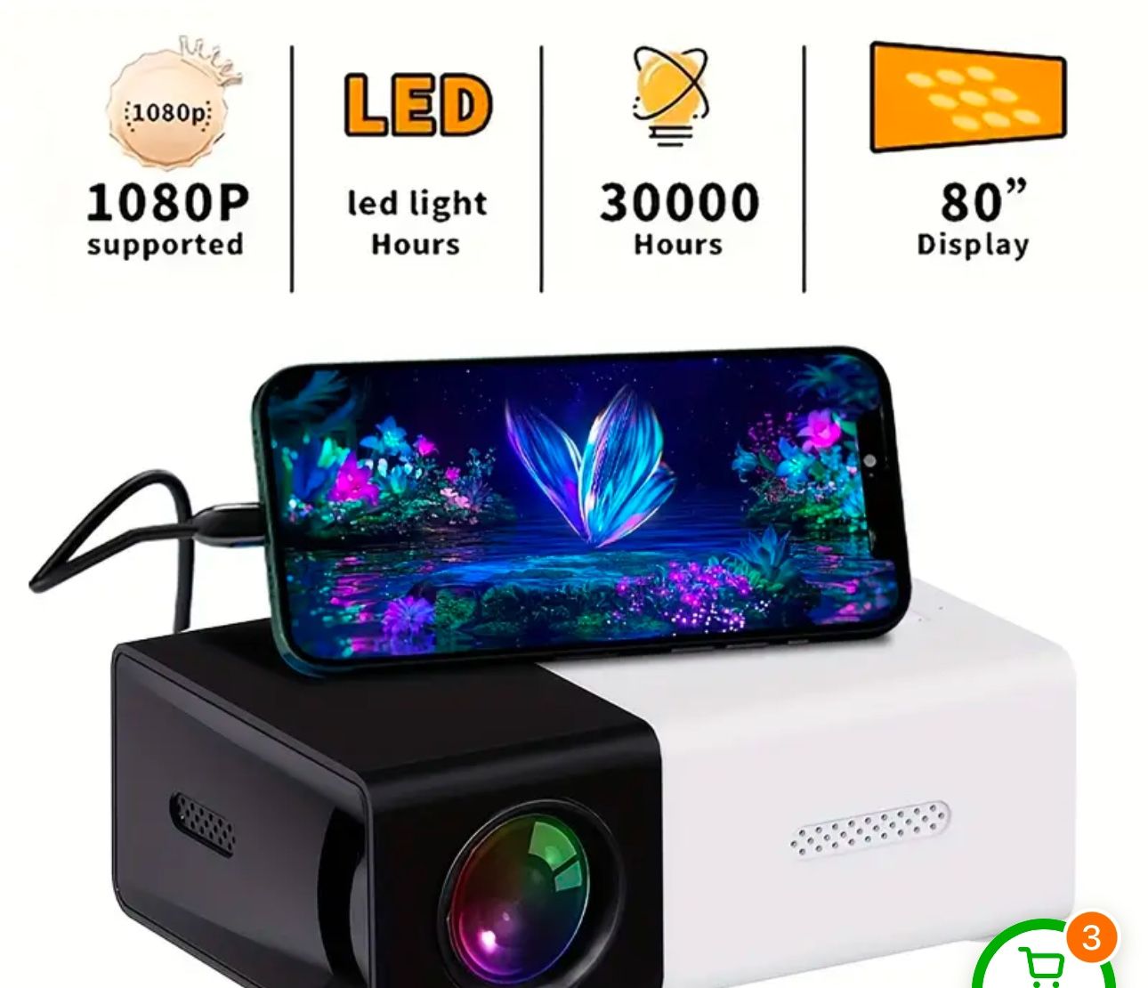 3000+ Lumens Stunning Mini Projector with 3D Visuals, Broad Compatibility, Handy Remote Control for Immersive Home Cinema Experience, Compact Design,