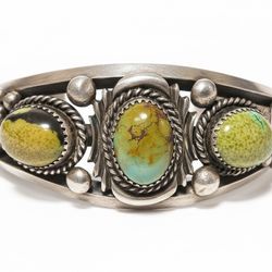 Vintage Native American Navajo Green Turquoise Sterling Silver Cuff Bracelet Signed K. Montoya 