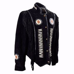 Premium Quality Western Style Genuine Suede Leather Jacket Fringed and Bones