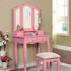 🎁FREE LOCAL DELIVERY🎁 PINK 3 PIECE VANITY STOOL MIRROR SET - TOCADOR ROSA ESPEJO BANCO