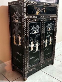 Vintage Oriental Black Lacquer Cabinet 24”Lx12”Wx36”H