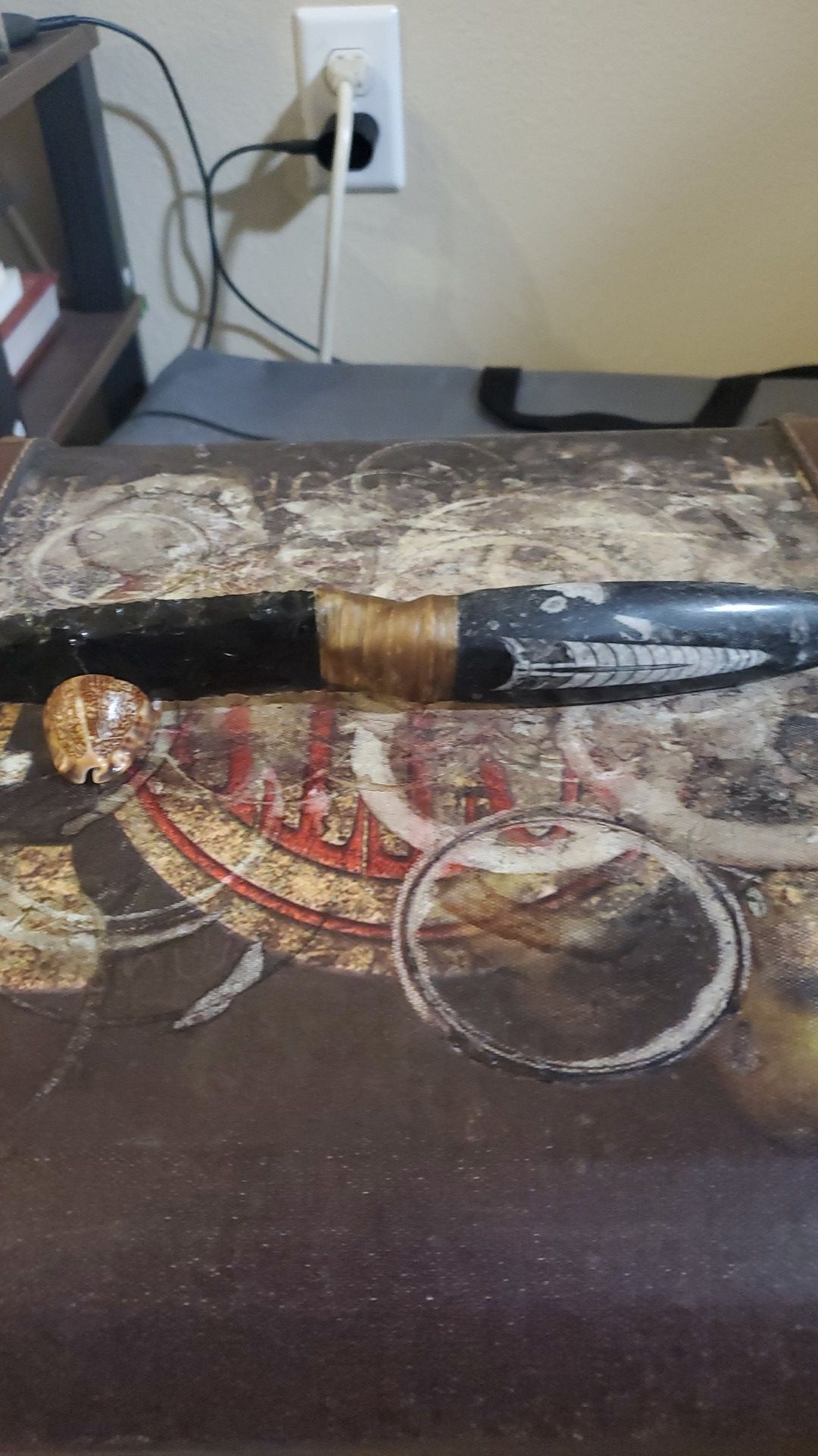 Obsidian collectible with fossil handle