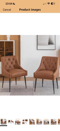 Dining Chairs Set of 2,  Faux Leather with Back Pull Rod. Light Brown