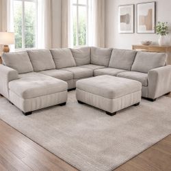 Large 4-Piece Light Gray / Beige Sectional Sofa with Storage Ottoman – L-Shaped Couch with Chaise