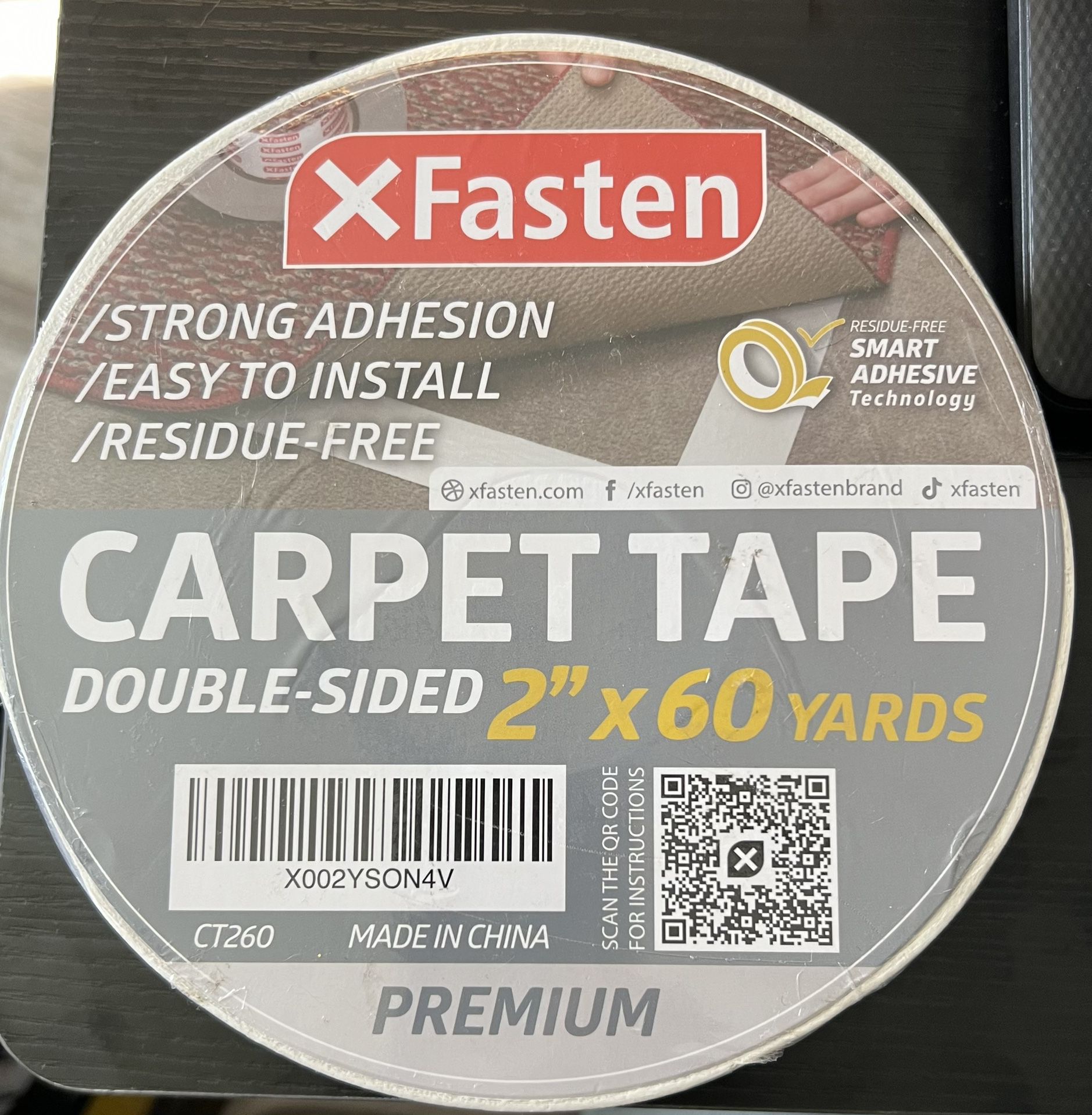 XFasten Double Sided Carpet Tape for Area Rugs 2 Inch x 60 Yards Residue-Free Carpet Tape Double Sided 