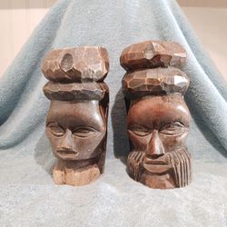 Vintage Wood Hand Carved Tribal Statues Both 8" Tall Heavy Both Have A long Crack Please Look At All Pictures 