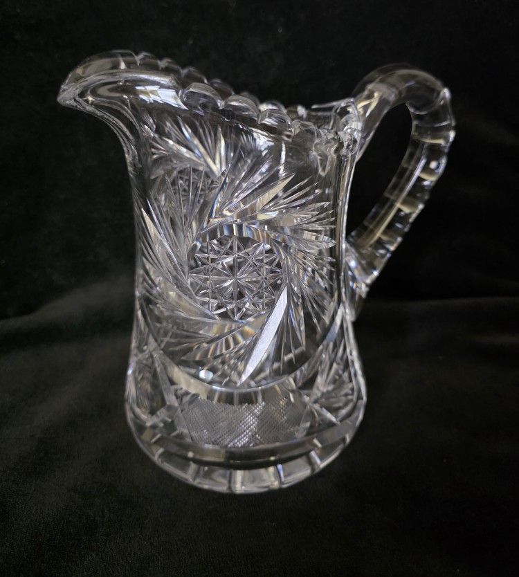 7 1/2" HEAVY LEAD CRYSTAL PINWHEEL STAR PATTERN PITCHER VINTAGE